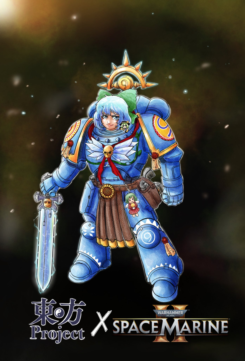 1girl, adapted_costume, adeptus_astartes, armor, black_background, blue_hair, bow, cirno