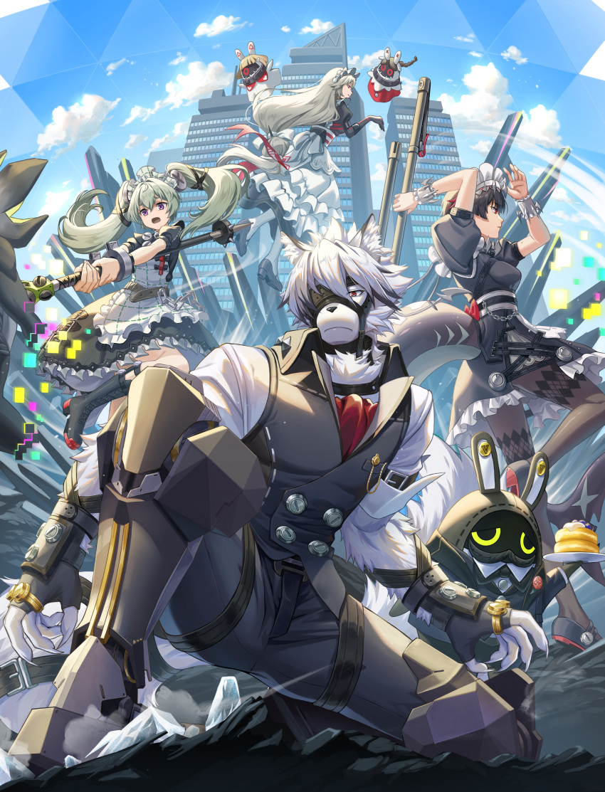 absurdres, alexandrina_sebastiane, anastella_(zenless_zone_zero), animal_ear_fluff, animal_ears, apron, arm_belt, bangboo_(zenless_zone_zero), black_gloves, black_hair, body_fur, butler_(zenless_zone_zero), closed_mouth, corin_wickes, dero_(eka56921), dress, drusilla_(zenless_zone_zero), ellen_joe, fins, fish_tail, furry, furry_male, furry_with_non-furry, gloves, green_hair, grey_vest, hair_between_eyes, hair_ornament, highres, holding, interspecies, long_hair, long_sleeves, looking_at_viewer, low-tied_long_hair, maid, maid_apron, maid_headdress, metal_hairband, mole, mole_under_eye, multicolored_hair, multiple_girls, muzzle, open_mouth, pantyhose, puffy_short_sleeves, puffy_sleeves, red_eyes, red_nails, redhead, scar, scar_on_tail, screw_hair_ornament, shark_girl, shark_tail, shirt, short_hair, short_sleeves, smile, tail, tail_belt, twintails, two-tone_hair, very_long_hair, vest, violet_eyes, von_lycaon, white_apron, white_fur, white_hair, wolf_boy, wolf_ears, wolf_tail, zenless_zone_zero