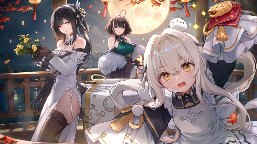 3girls, ^^^, absurdres, ahoge, autumn_leaves, azur_lane, black_gloves, black_hair