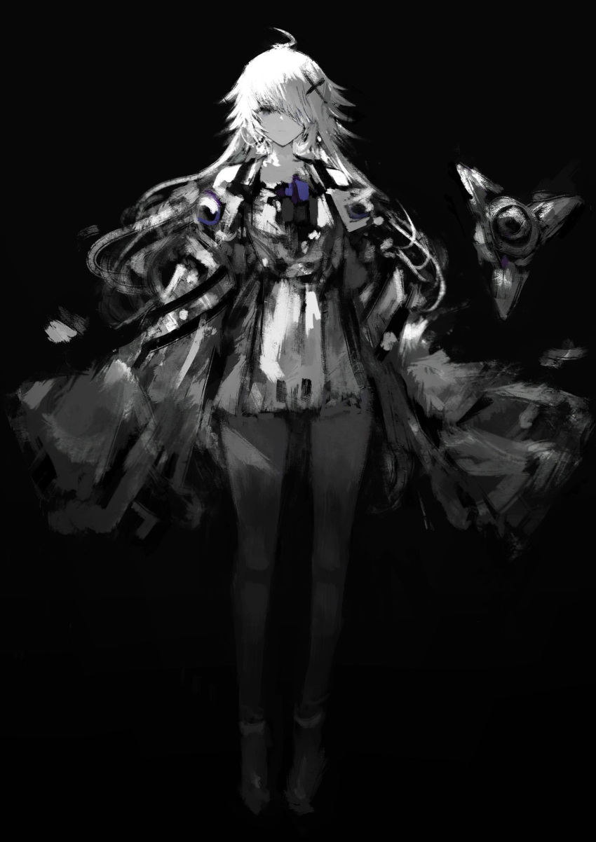 :|, ahoge, black_background, black_theme, closed_mouth, commentary, dress, drone