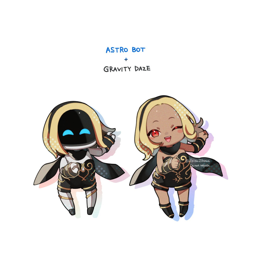 astro_bot_(series), black_scarf, blonde_hair, chibi, cosplay, dancing, dark-skinned_female, dark_skin