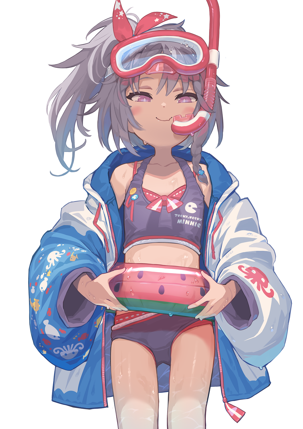 1girl, animal_print, braid, collarbone, cowboy_shot, diving_mask, fang, fish_print, flat_chest, from_below, goggles, grey_hair, hair_ribbon, high_ponytail, highres, innertube, jacket, light_blush, long_sleeves, looking_at_viewer, medium_hair, multiple_panties, narumi_arata, original, oversized_clothes, pac-man, pac-man_(game), panties, pink_hair, red_ribbon, ribbon, side_braid, simple_background, skin_fang, smile, snorkel, standing, swim_ring, swimsuit, swimsuit_under_clothes, tank_top, tsugumi_taro, underwear, white_background, white_jacket, wide_sleeves