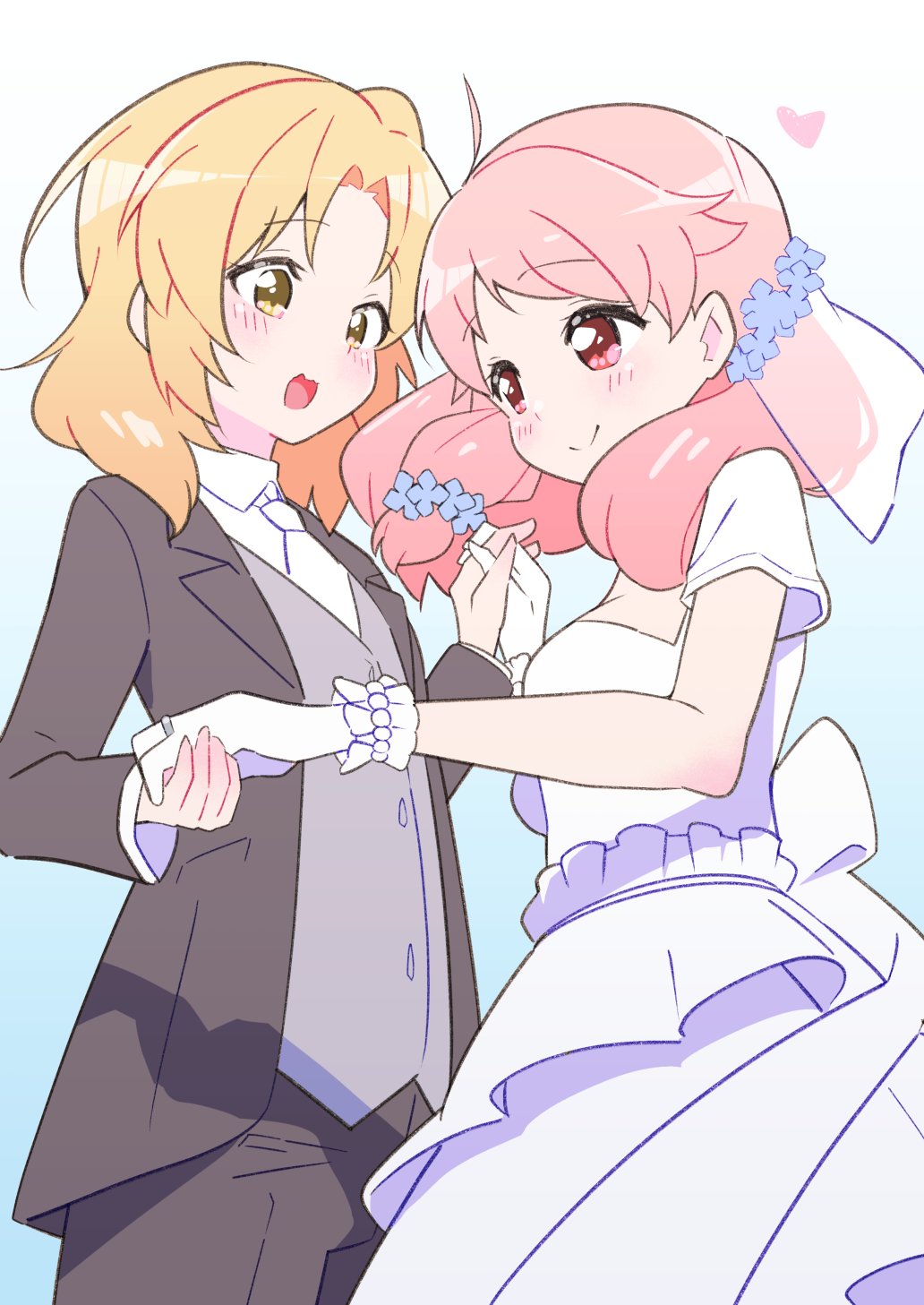 2girls, aly_(eshikidori), anima_yell!, blonde_hair, blue_background, dress, flower, gloves