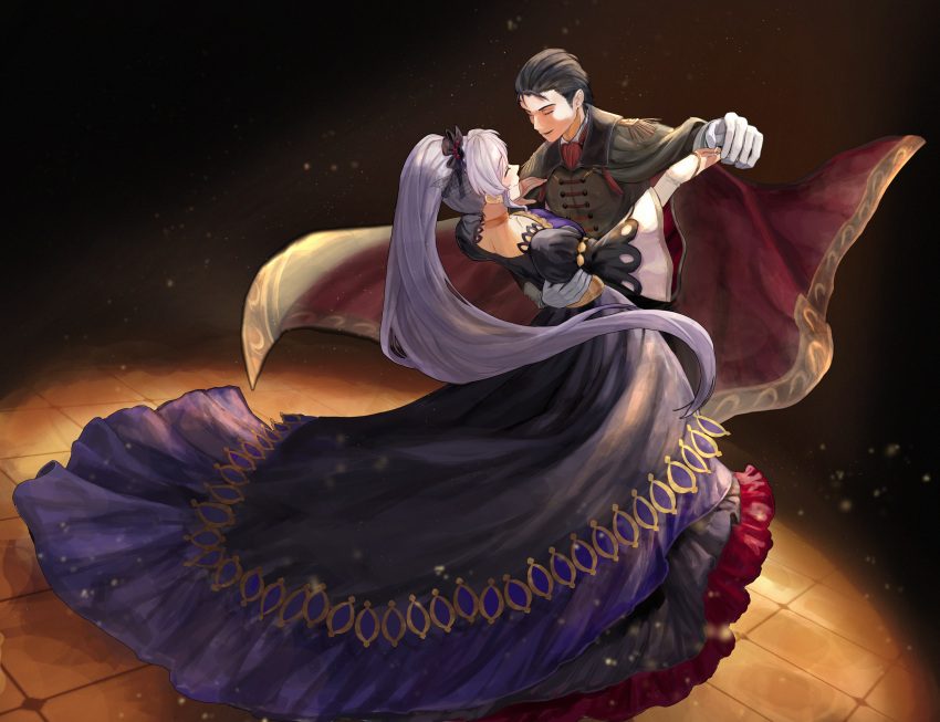 absurdres, black_hair, cape, commission, commissioner_upload, couple, dancing, dress