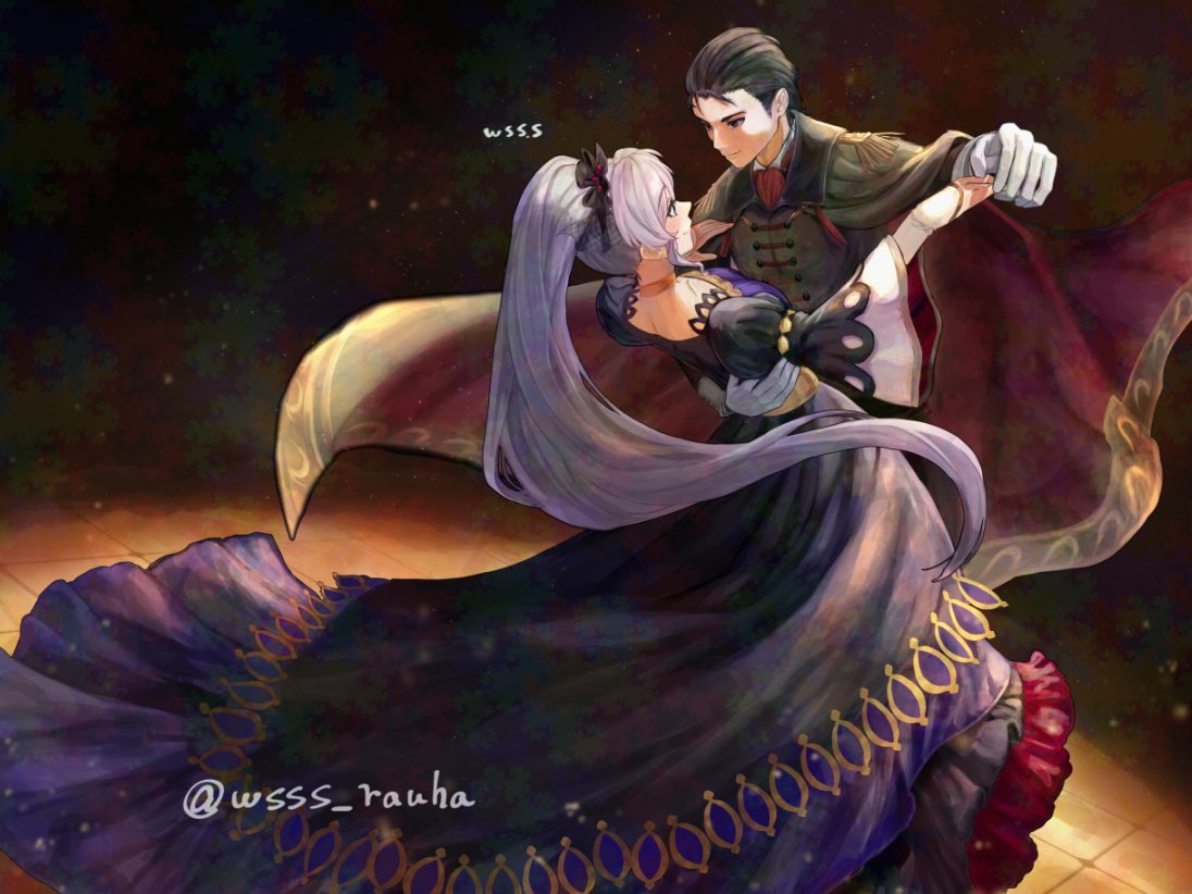 artist_name, black_hair, cape, commentary_request, commission, commissioner_upload, couple, dancing