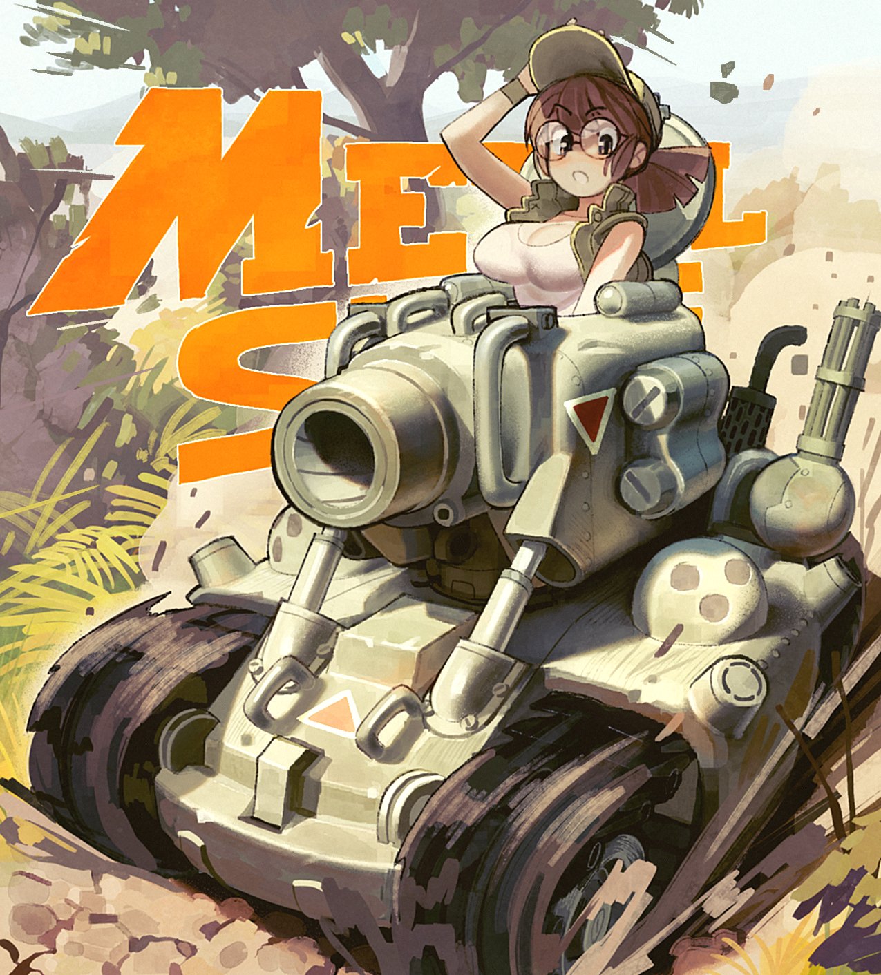 1girl, adjusting_clothes, adjusting_headwear, baseball_cap, breasts, brown_hair, brown_hat, brown_vest, cannon, cleavage, collared_vest, copyright_name, day, dust_cloud, exhaust_pipe, fio_germi, glasses, gun, hat, highres, large_breasts, machine_gun, metal_slug, military_vehicle, motor_vehicle, on_tank, open_clothes, open_hatch, open_vest, outdoors, riding, round_eyewear, sleeveless, solo, sv001_(metal_slug), tank, tank_top, tree, triangle, upper_body, vehicle_focus, vest, wamudraws, weapon, white_tank_top