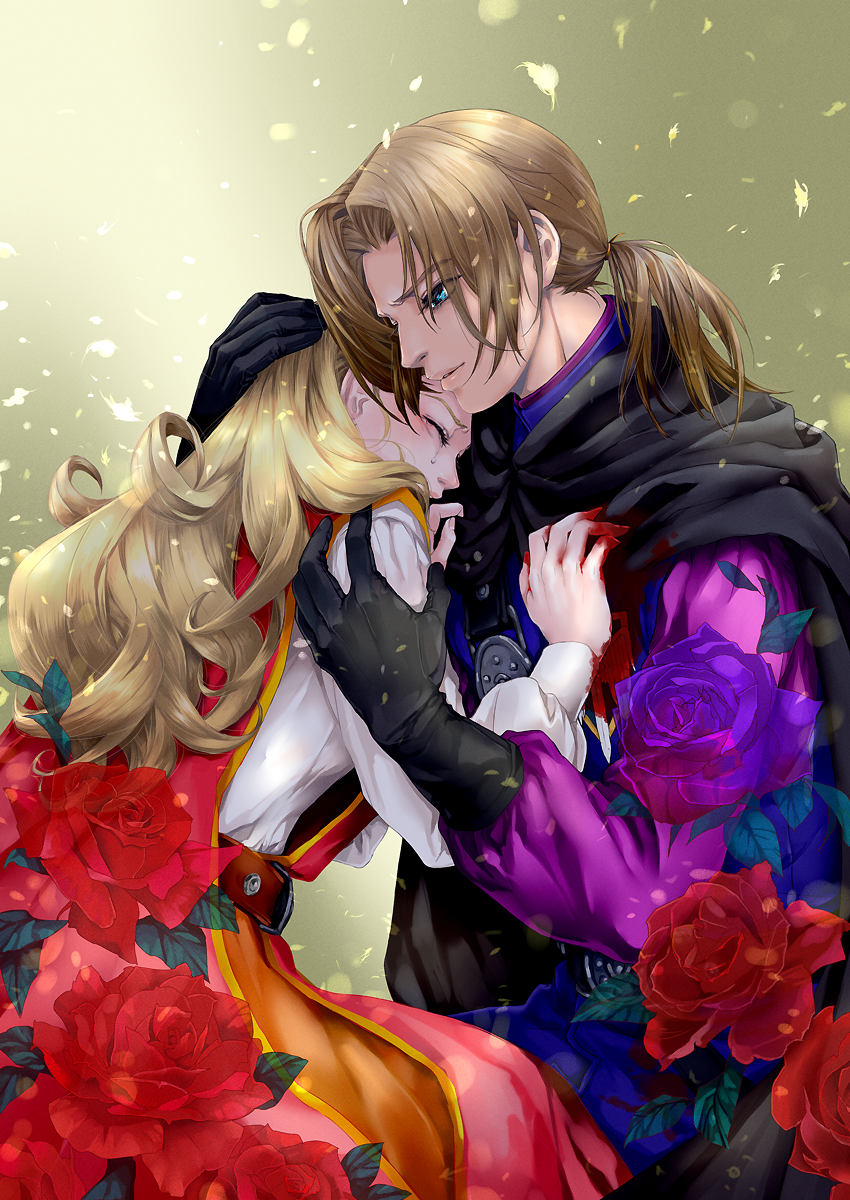1boy, 1girl, anlucea, aqua_eyes, black_cloak, black_gloves, blonde_hair, blood