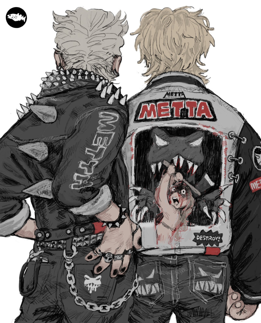 2boys, axe, belt, black_nails, black_wristband, blonde_hair, bracelet, chain, clothes_writing, denim, dinosaur, from_behind, grey_hair, grey_jacket, grey_pants, hand_on_own_hip, highres, jacket, jeans, jewelry, male_focus, mettaflix, multiple_boys, original, pants, punk, ring, solo, spiked_bracelet, spiked_jacket, spikes, white_background