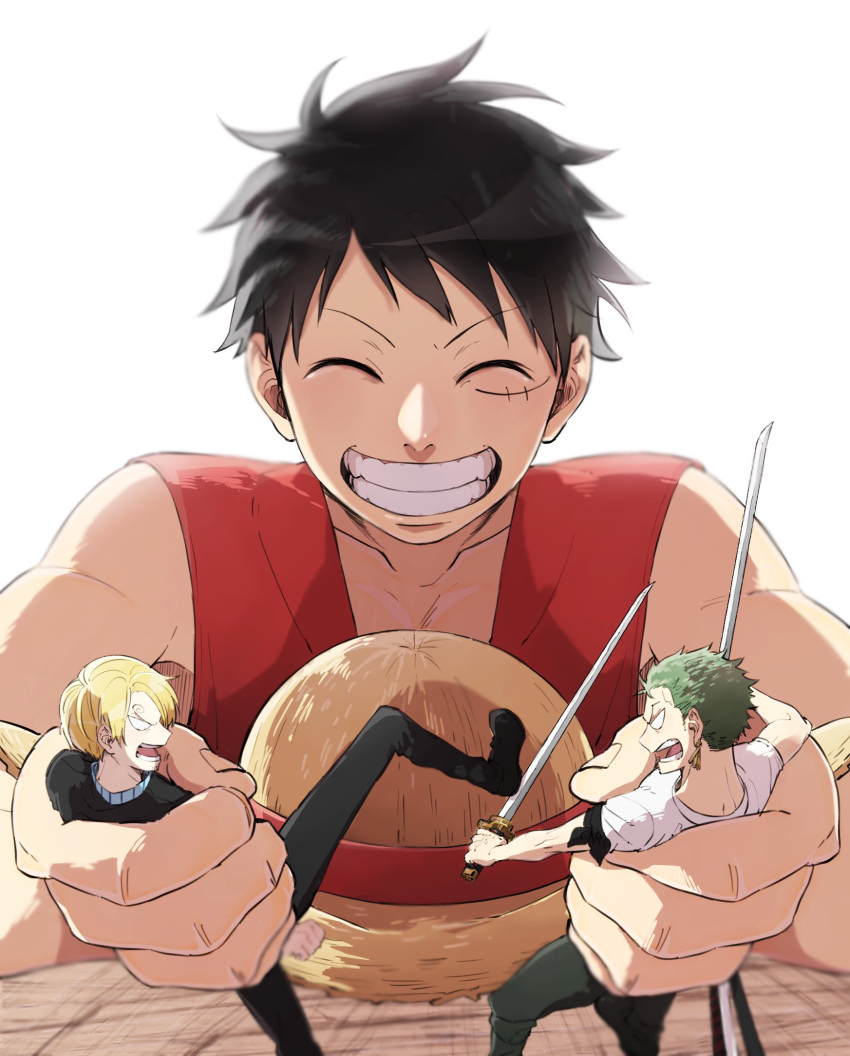 3boys, ^_^, black_hair, black_suit, blonde_hair, closed_eyes, commentary_request, curly_eyebrows