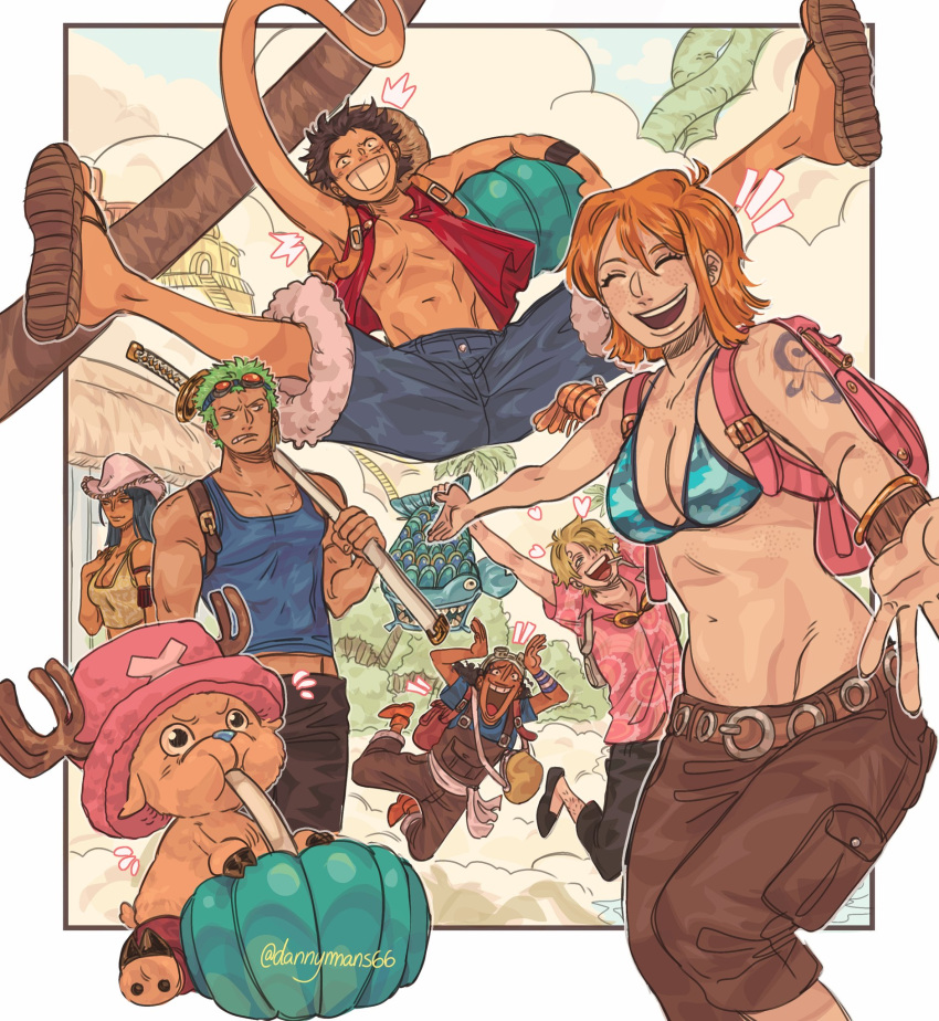 2girls, 5boys, ^_^, arm_tattoo, armlet, bag, bikini, bikini_top_only, blonde_hair, blue_shorts, blue_tank_top, bracelet, brown_shorts, closed_eyes, cowboy_hat, cross, dannymans66, drinking_straw, fish, goggles, goggles_on_head, green_hair, hair_over_one_eye, hat, highres, holding, holding_sword, holding_weapon, jewelry, long_nose, monkey_d._luffy, multiple_boys, multiple_girls, nami_(one_piece), nico_robin, notice_lines, one_piece, open_clothes, open_shirt, orange_hair, palm_tree, red_shirt, redrawn, roronoa_zoro, sandals, sanji_(one_piece), scar, scar_on_face, shirt, shorts, shoulder_bag, smile, swimsuit, sword, tank_top, tattoo, tony_tony_chopper, tree, twitter_username, usopp, weapon