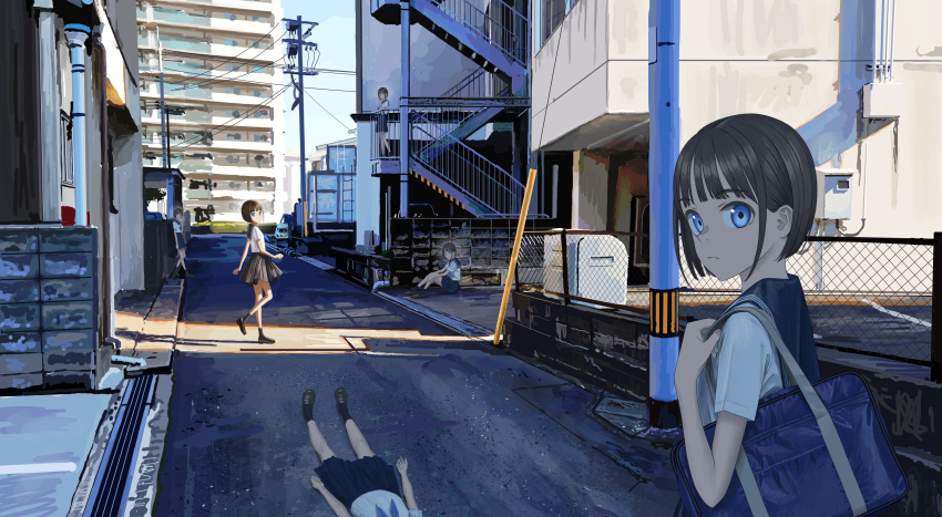 05tai_mono, 6+girls, absurdres, against_railing, bag, bare_legs, black_footwear, black_socks