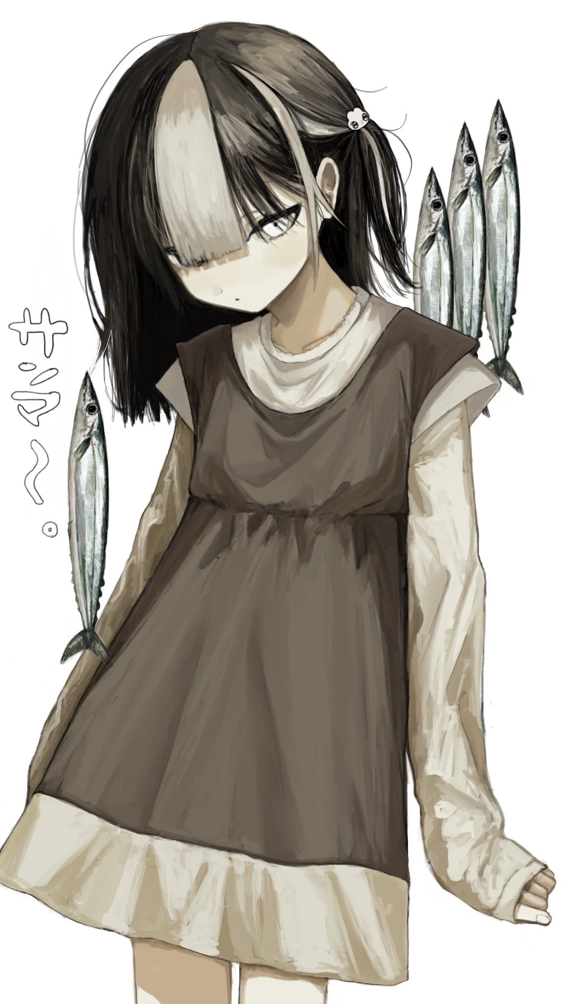 1girl, arms_at_sides, black_hair, brown_dress, closed_mouth, cowboy_shot, dress, empire_waist