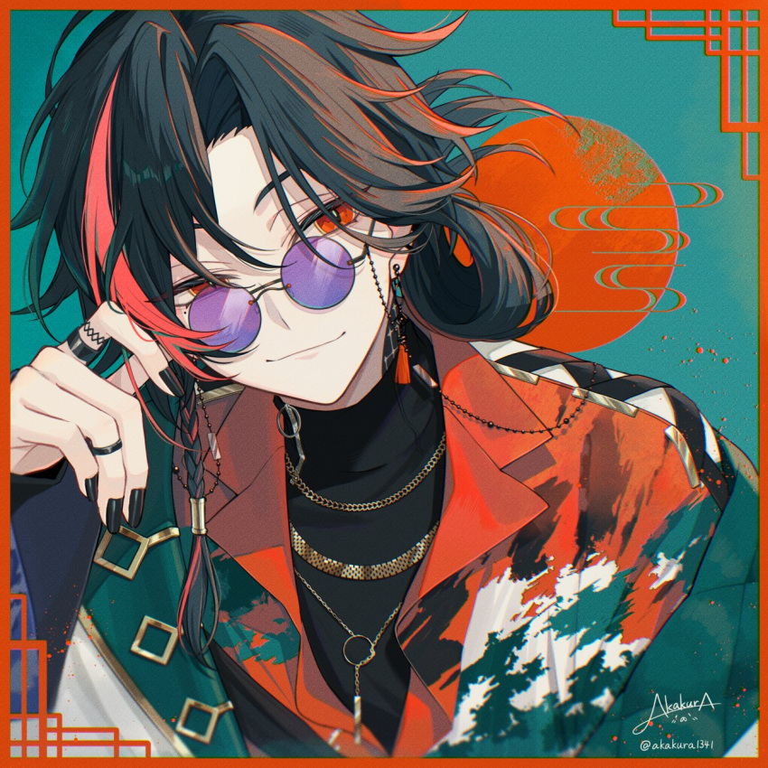 1boy, akakura, aqua_background, artist_name, black_hair, black_nails, black_shirt, border