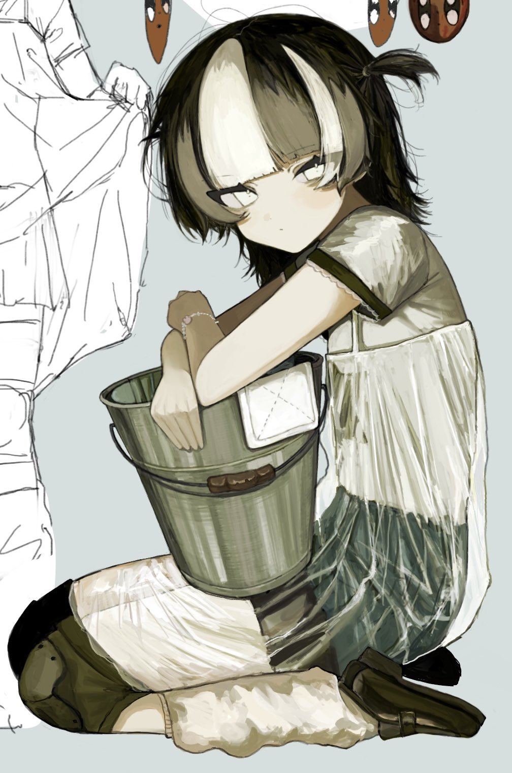 1girl, arm_rest, black_footwear, black_hair, black_skirt, blue_background, blunt_bangs, blush