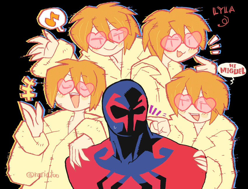 1boy, 1girl, absurdres, animal_print, blue_bodysuit, blue_mask, bodysuit, broad_shoulders, brown_hair, character_name, cheekbones, english_text, heart, heart-shaped_eyewear, highres, lyla_(marvel), marvel, miguel_o'hara, muscular, muscular_male, opaque_sunglasses, print_bodysuit, rariatto_(ganguri), red_bodysuit, short_hair, skin_tight, spider-man:_across_the_spider-verse, spider-man_(2099), spider-man_(series), spider-verse, spider_print, superhero_costume, two-tone_bodysuit