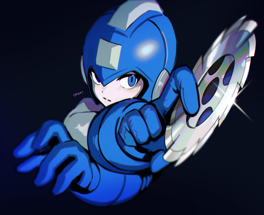 1boy, artist_name, black_background, blue_bodysuit, blue_eyes, blue_helmet, bodysuit, helmet