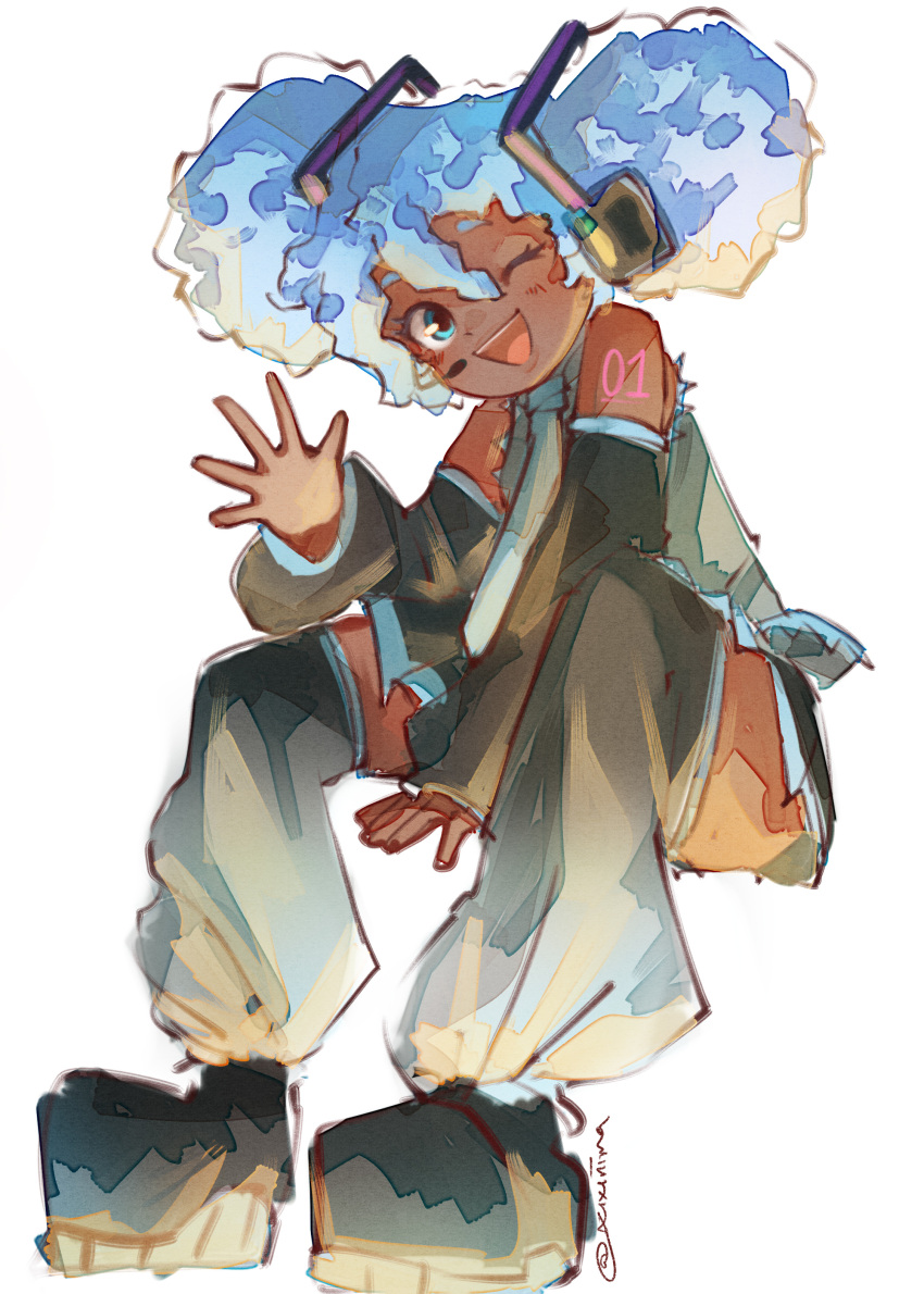 1girl, absurdres, afro_puffs, dark_skin, hatsune_miku, highres, light-skinned_palms, necktie