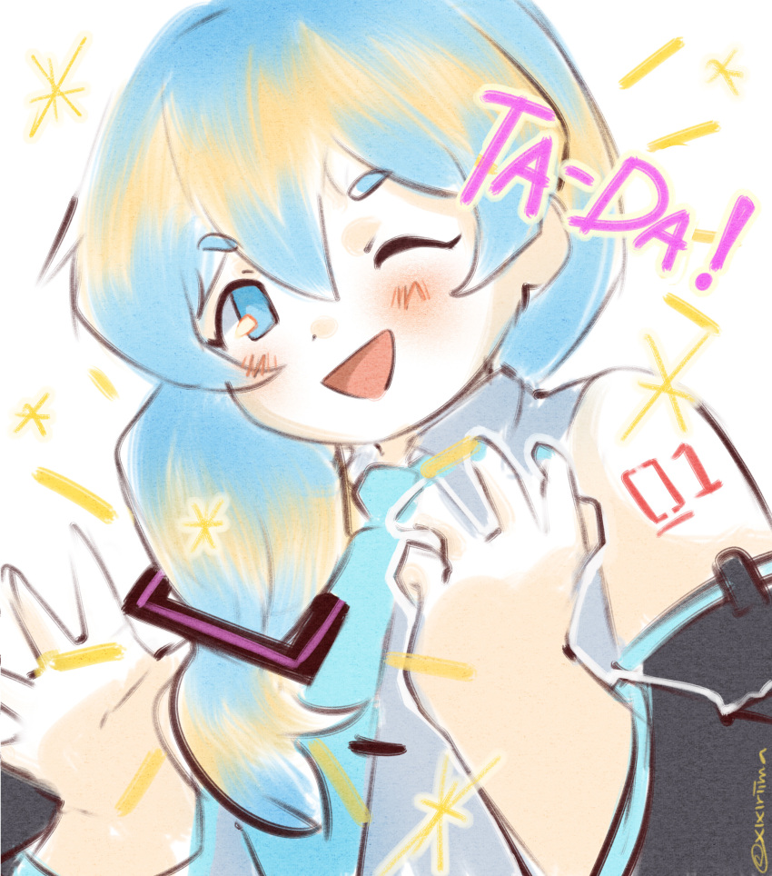 1girl, ;d, absurdres, hatsune_miku, highres, low_ponytail, nail_polish, necktie