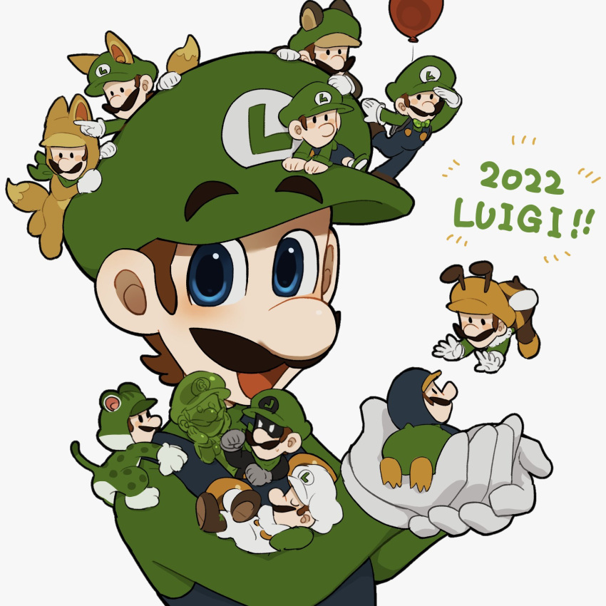 1boy, 2boys, baby_luigi, bee_mario, blue_overalls, brown_hair, cat_luigi, cloud_luigi