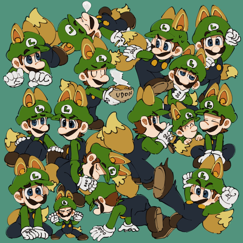 2boys, animal_ears, baby_luigi, blue_overalls, brown_hair, facial_hair, fox_ears, fox_tail