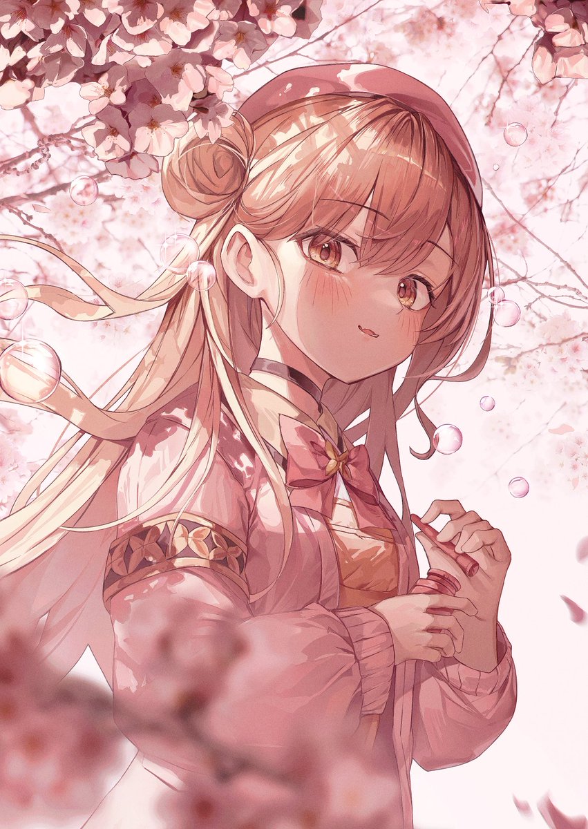 1girl, beret, black_choker, black_survival, blurry, bow, bowtie, cherry_blossoms