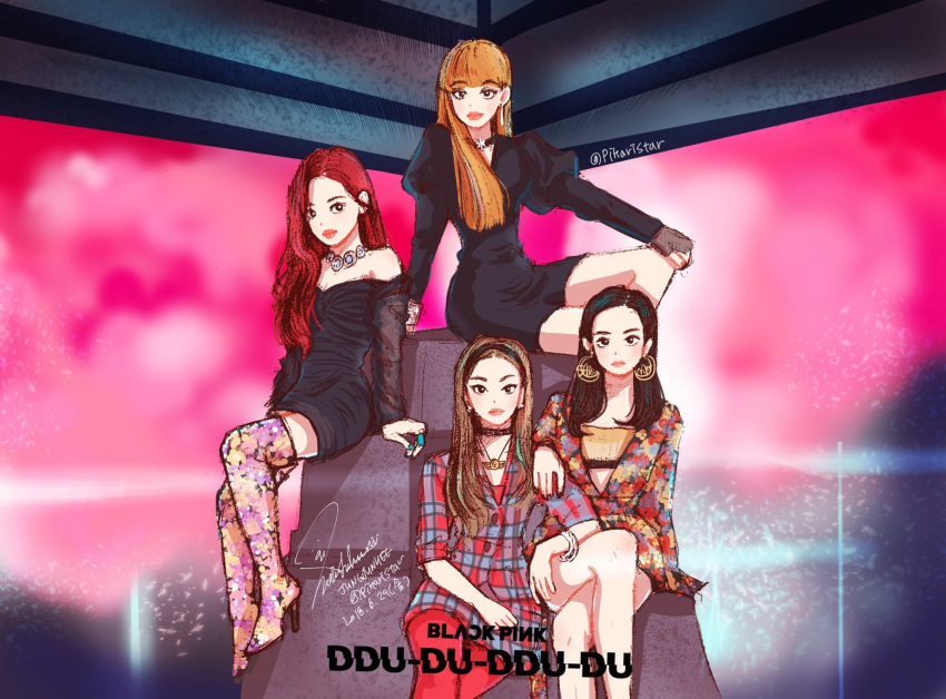 4girls, black_dress, black_hairband, black_nails, blackpink, blunt_bangs, boots, bracelet