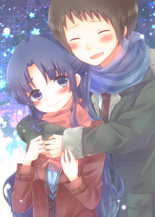 1girl, asakura_ryouko, blue_eyes, blue_hair, blush, coat, couple, eik0