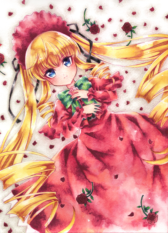blonde_hair, blue_eyes, bonnet, flower, long_hair, petals, red_rose, rie_(minori)