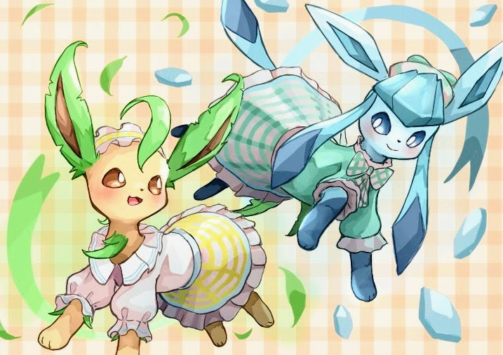 blue_eyes, bow, bright_pupils, brown_eyes, closed_mouth, dress, glaceon, glaceon_(checkered)