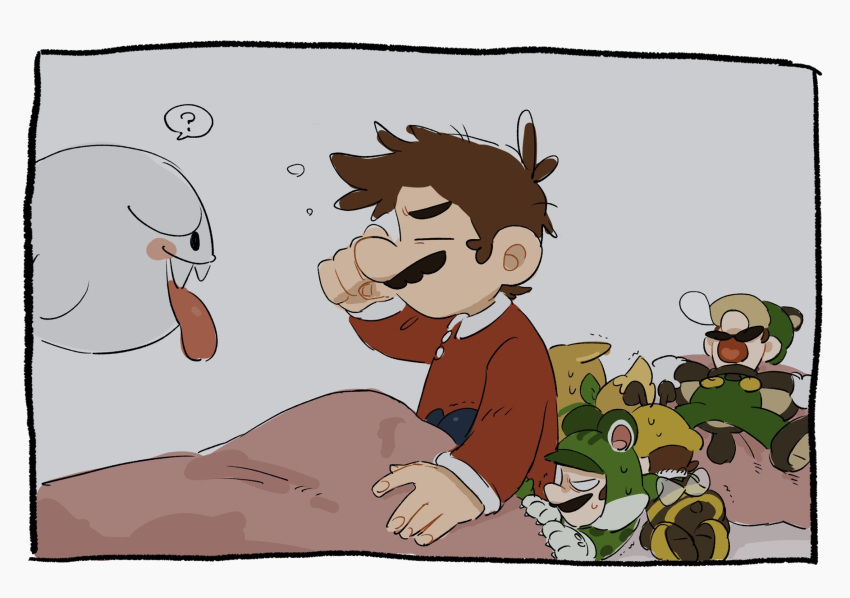 2boys, bee_mario, blanket, blue_overalls, boo_(mario), brown_hair, cat_luigi, facial_hair
