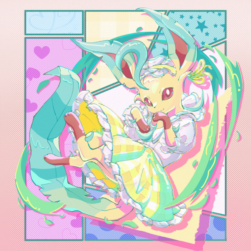 bright_pupils, brown_eyes, closed_mouth, dress, highres, leafeon, leafeon_(checkered), looking_at_viewer