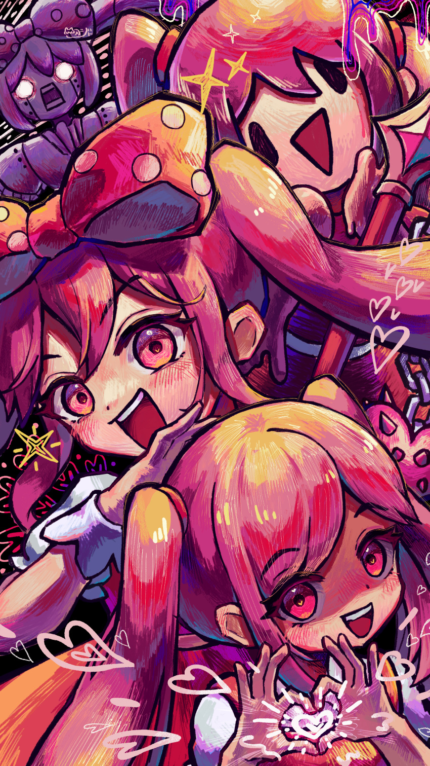 4girls, absurdres, bow, hair_bow, heart, heart-shaped_pupils, heart_hands, highres