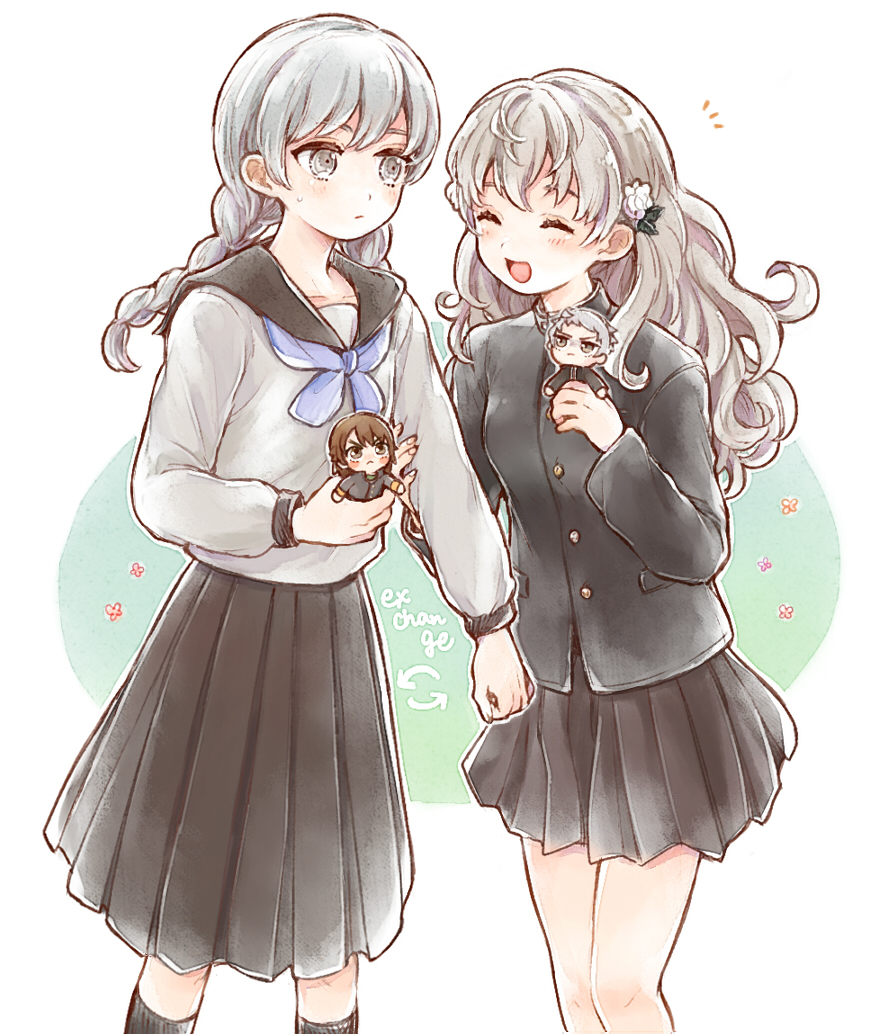 1boy, 1girl, blue_neckerchief, blush, braid, crossdressing, flower_ornament, fuyusaka_iori, gakuran, grey_eyes, hair_ornament, hand_grab, hijiyama_takatoshi, juusan_kihei_bouei_ken, long_hair, long_sleeves, neckerchief, okino_tsukasa, open_mouth, otoko_no_ko, pleated_skirt, sailor_collar, school_uniform, sekigahara_ei, serafuku, skirt, twin_braids, wavy_hair, white_hair, wig, yuji_(yakisoba_pans)