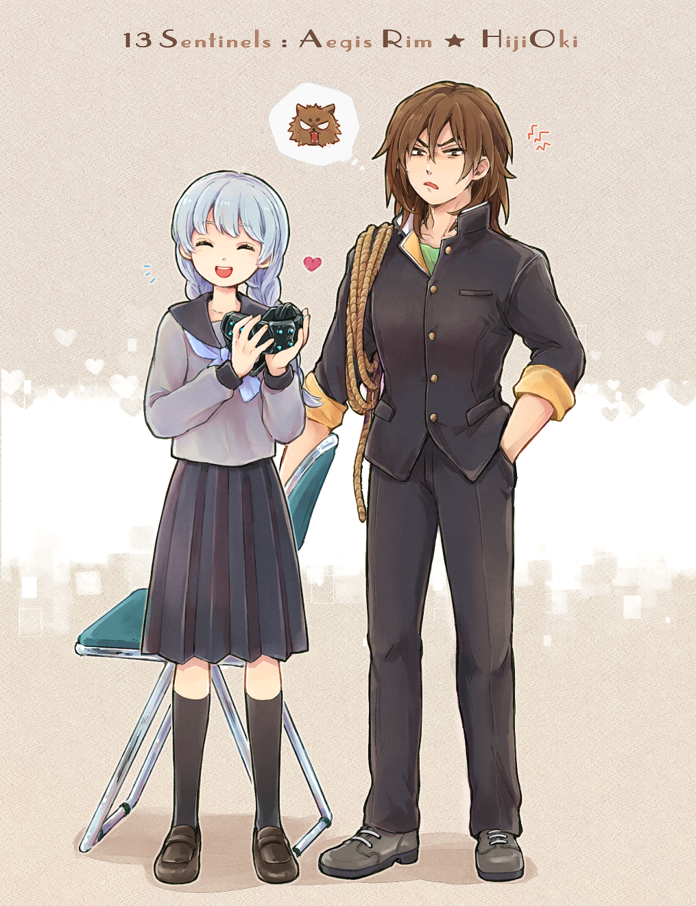 2boys, angry, blue_neckerchief, braid, brown_hair, chair, crossdressing, full_body