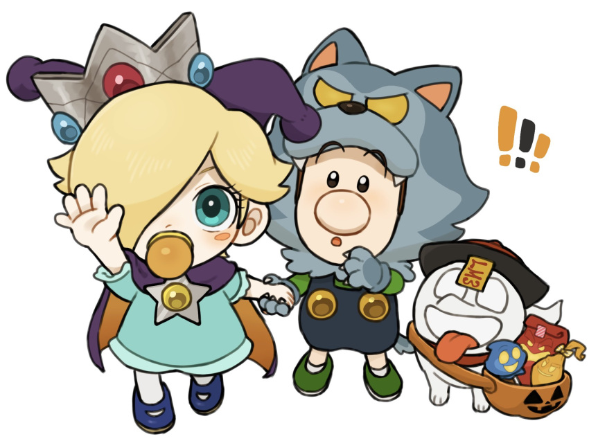 1boy, 1girl, baby_luigi, baby_rosalina, blonde_hair, blue_eyes, brown_hair, crown