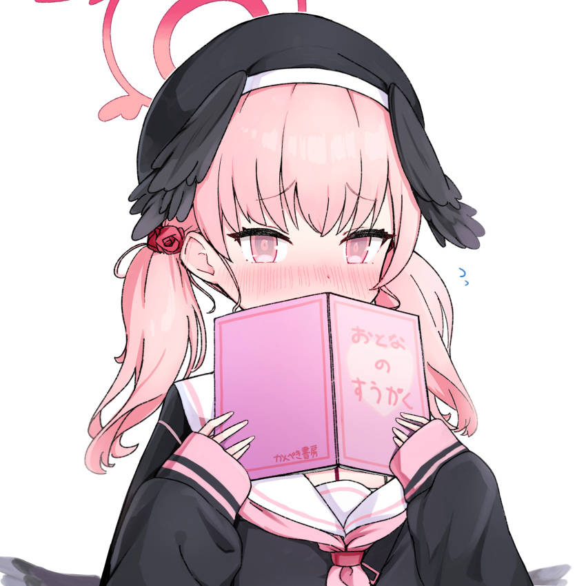 1girl, black_hat, black_shirt, black_wings, blue_archive, blush, book, caffeinechara