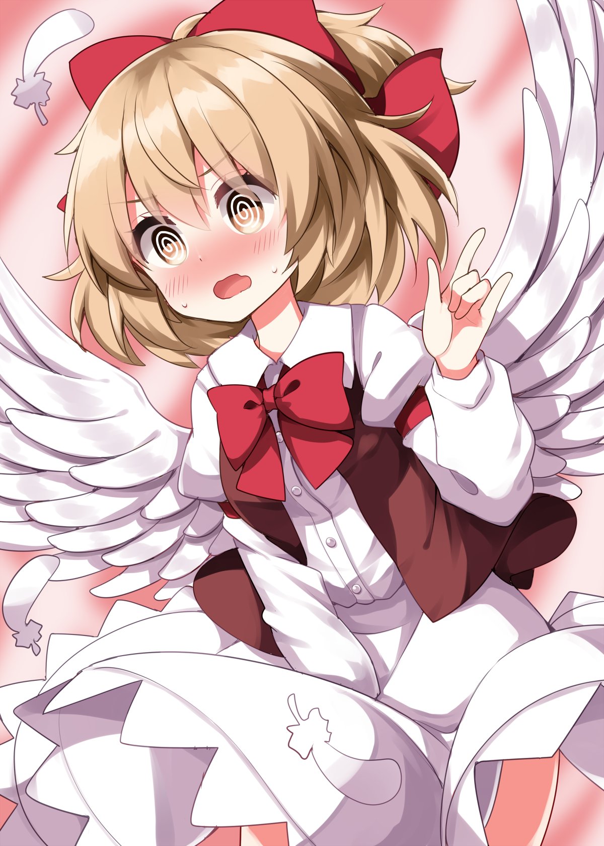 1girl, @_@, \m/, blonde_hair, blush, bow, bowtie, brown_vest, buttons, collared_shirt, commentary_request, cowboy_shot, dress_shirt, embarrassed, eyes_visible_through_hair, feathered_wings, feathers, gengetsu_(touhou), hair_between_eyes, hair_bow, hand_up, highres, long_sleeves, medium_hair, nose_blush, open_clothes, open_mouth, open_vest, red_bow, red_bowtie, ruu_(tksymkw), shirt, skirt, skirt_tug, sleeve_garter, solo, standing, sweatdrop, touhou, touhou_(pc-98), vest, white_shirt, white_skirt, white_wings, wing_collar, wings, yellow_eyes