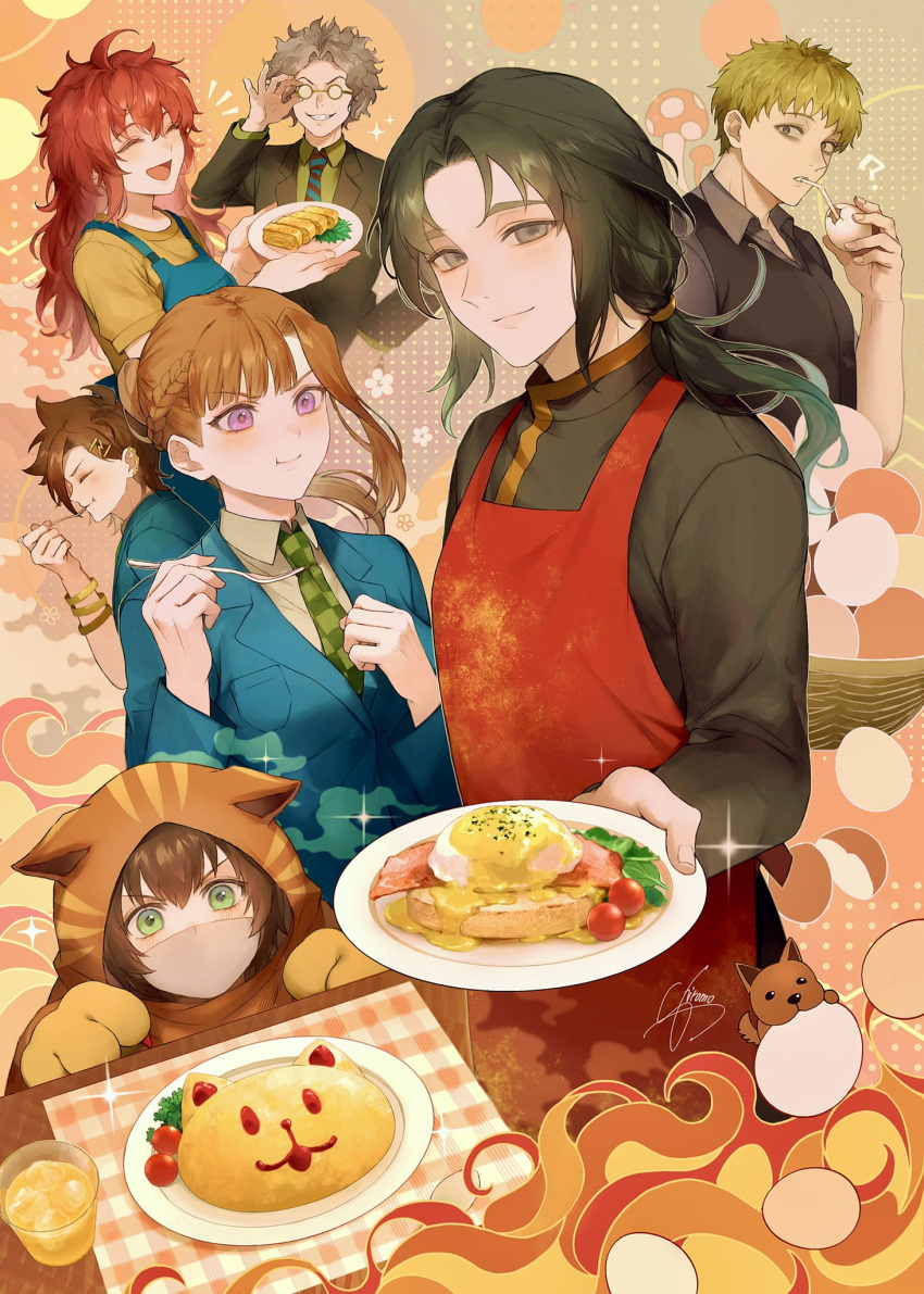 2girls, 5boys, ?, adjusting_eyewear, ahoge, animal_ear_hood, animal_hands, animal_hood