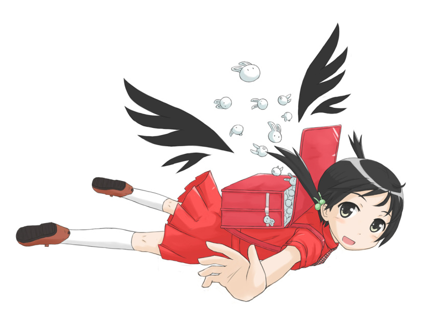 ahoge, backpack, bad_id, bag, black_hair, black_wings, blush, bunny