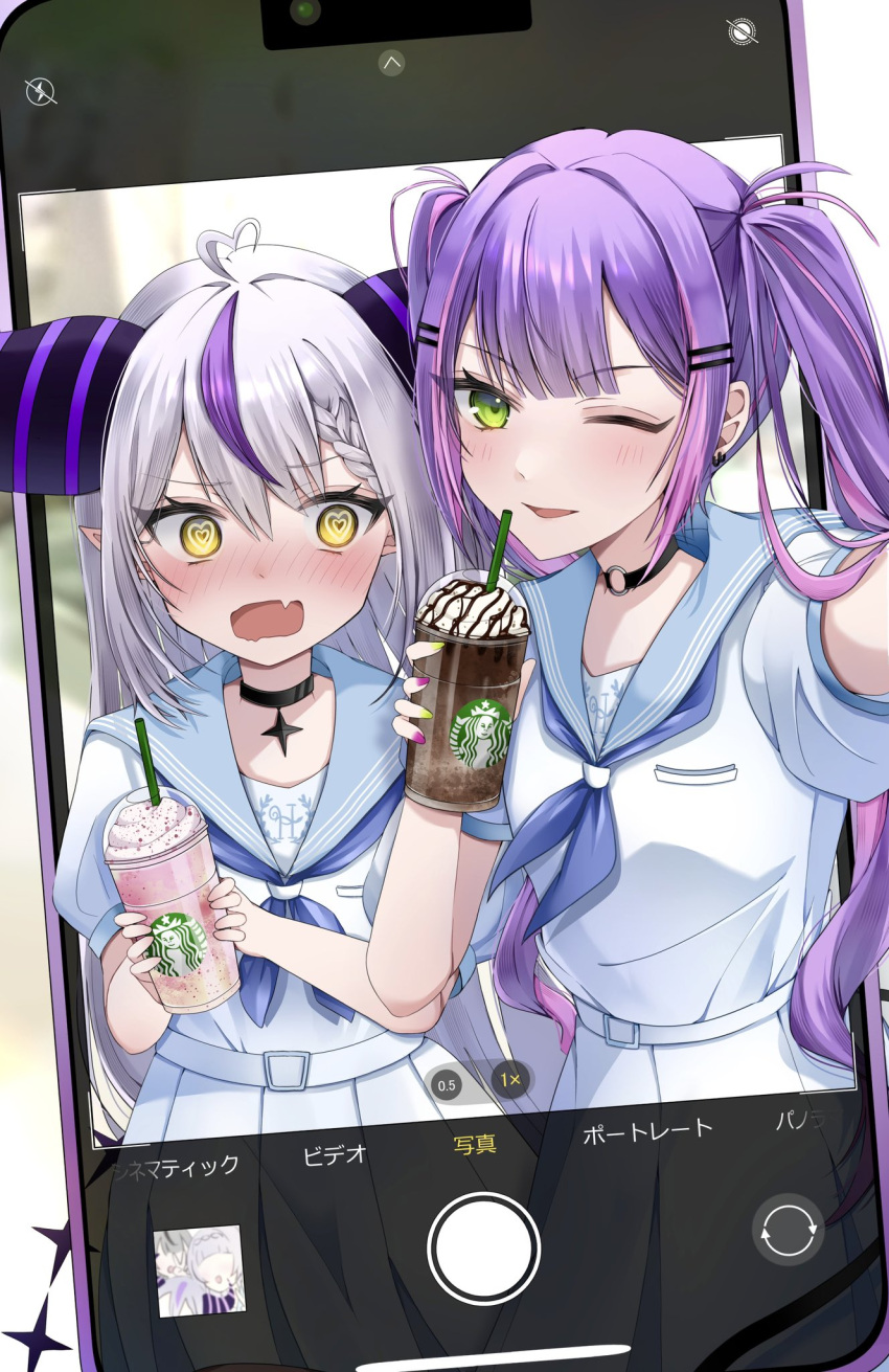 2girls, ahoge, black_choker, blue_neckerchief, blue_sailor_collar, blush, braid, cellphone
