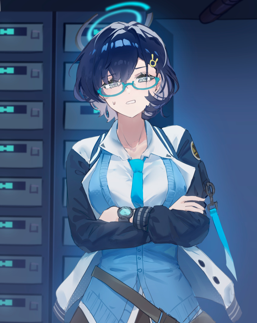 1girl, absurdres, aqua-framed_eyewear, bloom_muchi, blue_archive, blue_cardigan, blue_hair, blue_necktie