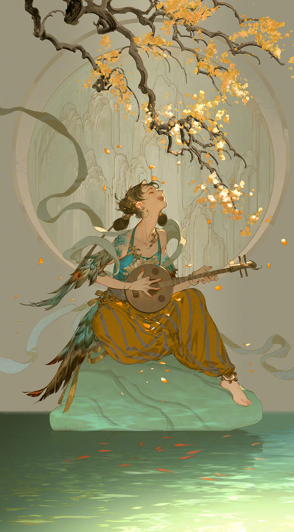 1girl, bird_girl, bird_tail, branch, chinese_clothes, double_bun, dunhuang_style, earrings, feathers, flower, full_body, guitar, hagoromo, hair_bun, hanfu, harem_pants, highres, hoop_earrings, ibuki_satsuki, instrument, instrument_request, jewelry, music, on_rock, original, pants, petals, rock, shawl, singing, sitting, solo, tail, water, yellow_flower
