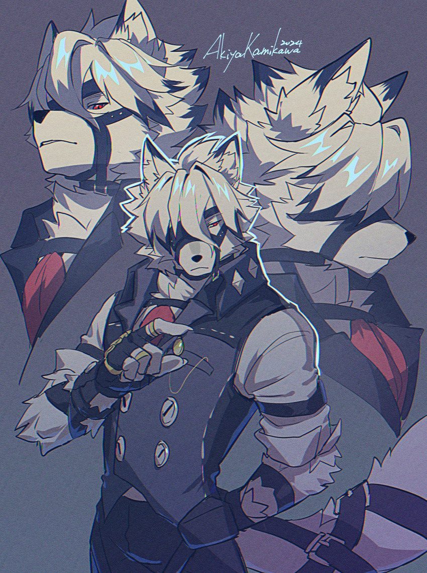 1boy, akiyakamikawa, animal_ear_fluff, animal_ears, arm_behind_back, arm_belt, artist_name, belt, belt_buckle, black_belt, black_gloves, black_hair, blending, body_fur, breast_pocket, buckle, buttons, closed_mouth, collared_vest, commentary, dated, double-breasted, english_commentary, eyepatch, fingerless_gloves, furry, furry_male, gloves, grey_background, grey_pants, grey_vest, hair_between_eyes, hair_intakes, hand_up, highres, lapels, looking_at_viewer, male_focus, multicolored_hair, multiple_views, muzzle, one_eye_covered, pants, parted_lips, pocket, red_eyes, shirt, short_hair, short_sleeves, signature, simple_background, streaked_hair, tail, tail_belt, vest, von_lycaon, white_fur, white_hair, white_shirt, wolf_boy, wolf_ears, wolf_tail, zenless_zone_zero