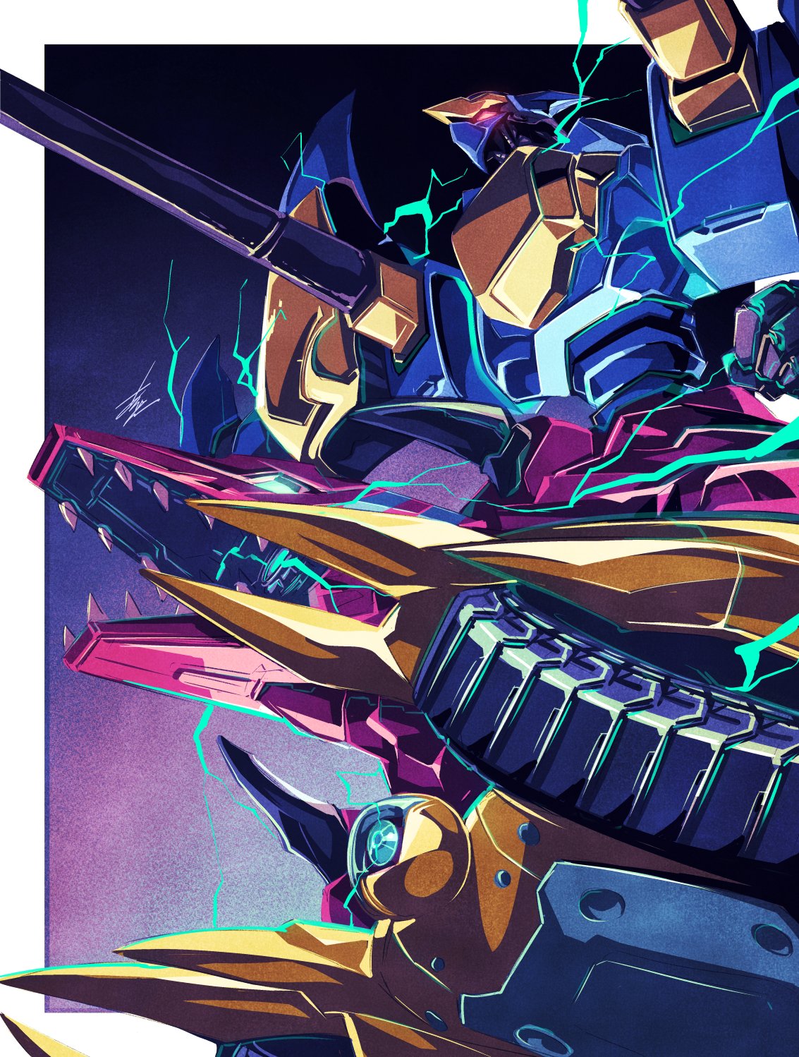 arikanrobo, border, duel_monster, electricity, from_side, highres, multiple_heads, non-humanoid_robot, profile, robot, sharp_teeth, shoulder_cannon, solo, teeth, white_border, xyz-dragon_cannon, yu-gi-oh!