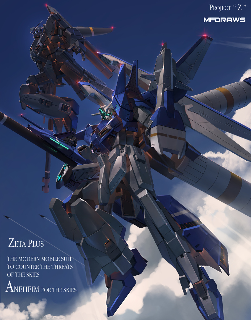 absurdres, beam_rifle, blue_eyes, blue_sky, brayanong999, clouds, commentary, day