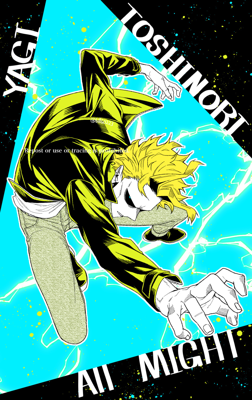 1boy, all_might, biru_(k22_t20), black_footwear, black_jacket, black_sclera, blonde_hair, blue_eyes