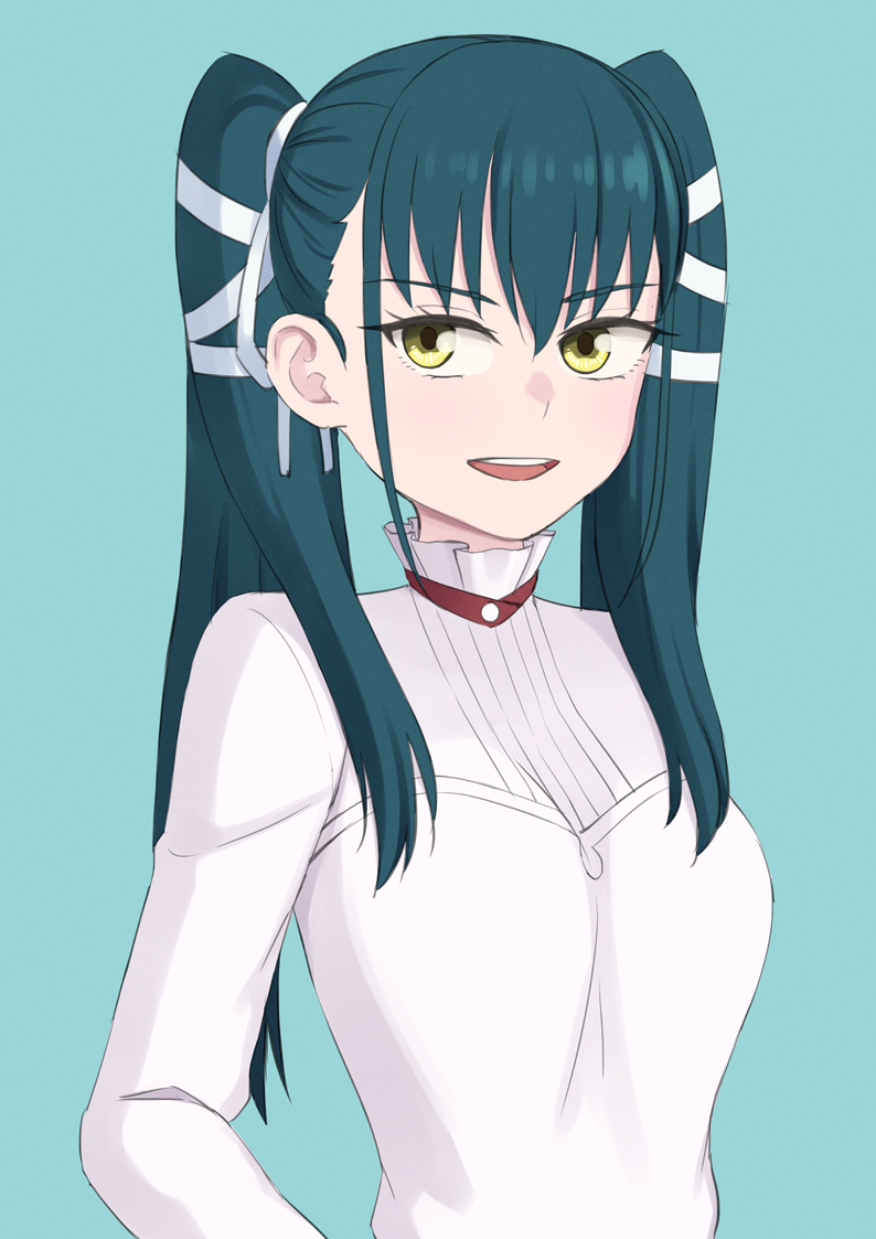 1girl, aqua_background, azuma_yachiho, easy_(aqk7bdqt), green_hair, hair_ribbon, long_hair, mato_seihei_no_slave