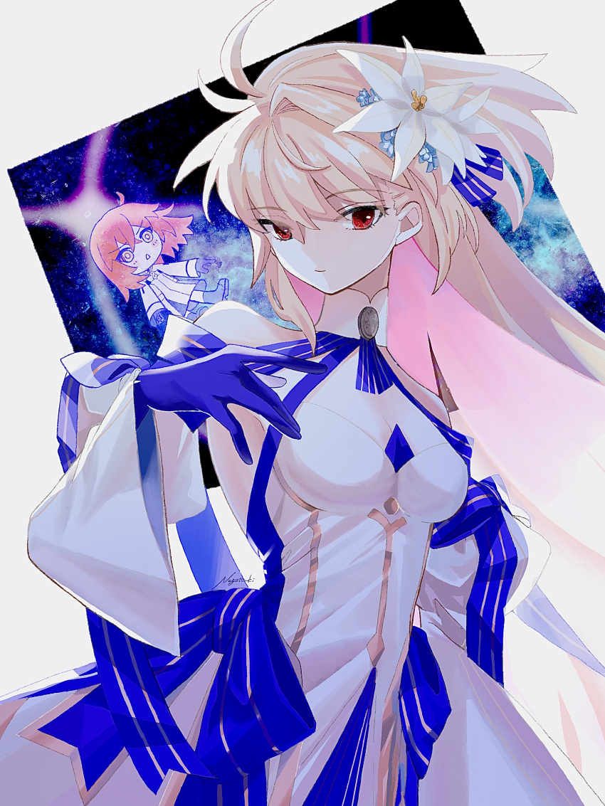 2girls, absurdres, ahoge, antenna_hair, archetype_earth, arcueid_brunestud, black_footwear, black_gloves