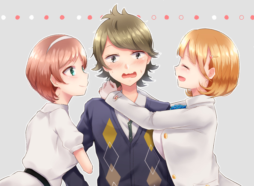 1boy, 2girls, arm_hug, aveline_narusawa_tesla, black_eyes, blonde_hair, blue_cardigan, blush