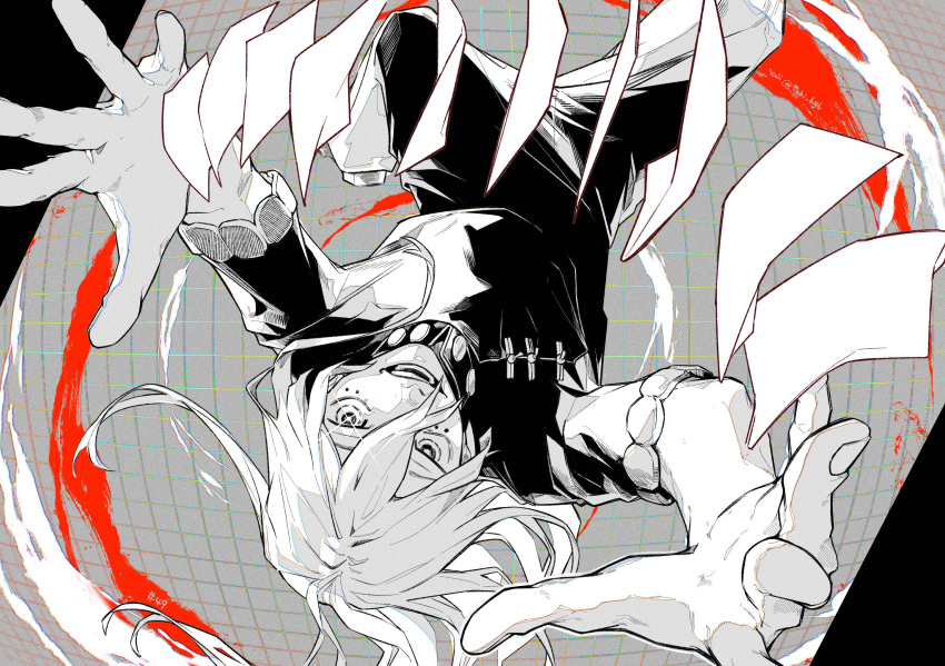 1boy, androgynous, diffraction_spikes, double-parted_bangs, fingernails, fisheye, floating, floating_blood